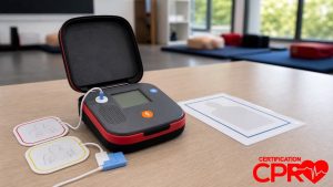 AED trainer and electrode pads for practicing voice prompts in a CPR classroom in El Paso.