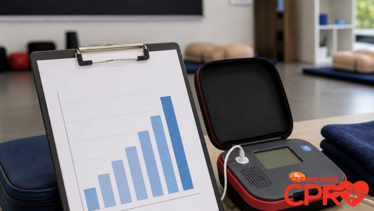 CPR statistics chart with AED trainer in a CPR classroom in El Paso.