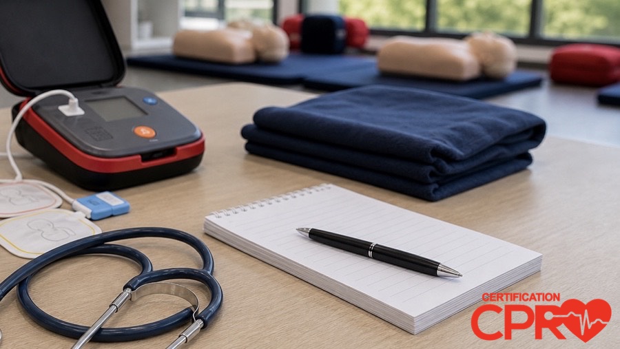 AED trainer, stethoscope, and CPR classroom supplies for an article on heart attack versus cardiac arrest in El Paso.