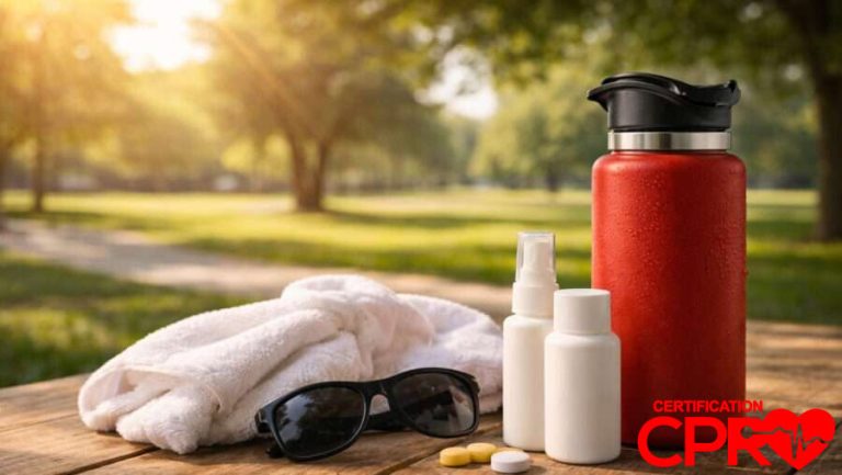CPR training supplies including water bottle, sunglasses, and first aid kit in park setting.