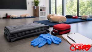 First aid training supplies for practicing seizure response in a CPR classroom in El Paso.