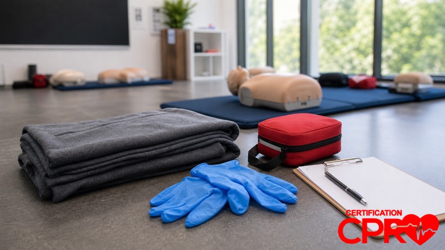 First aid training supplies for practicing seizure response in a CPR classroom in El Paso.